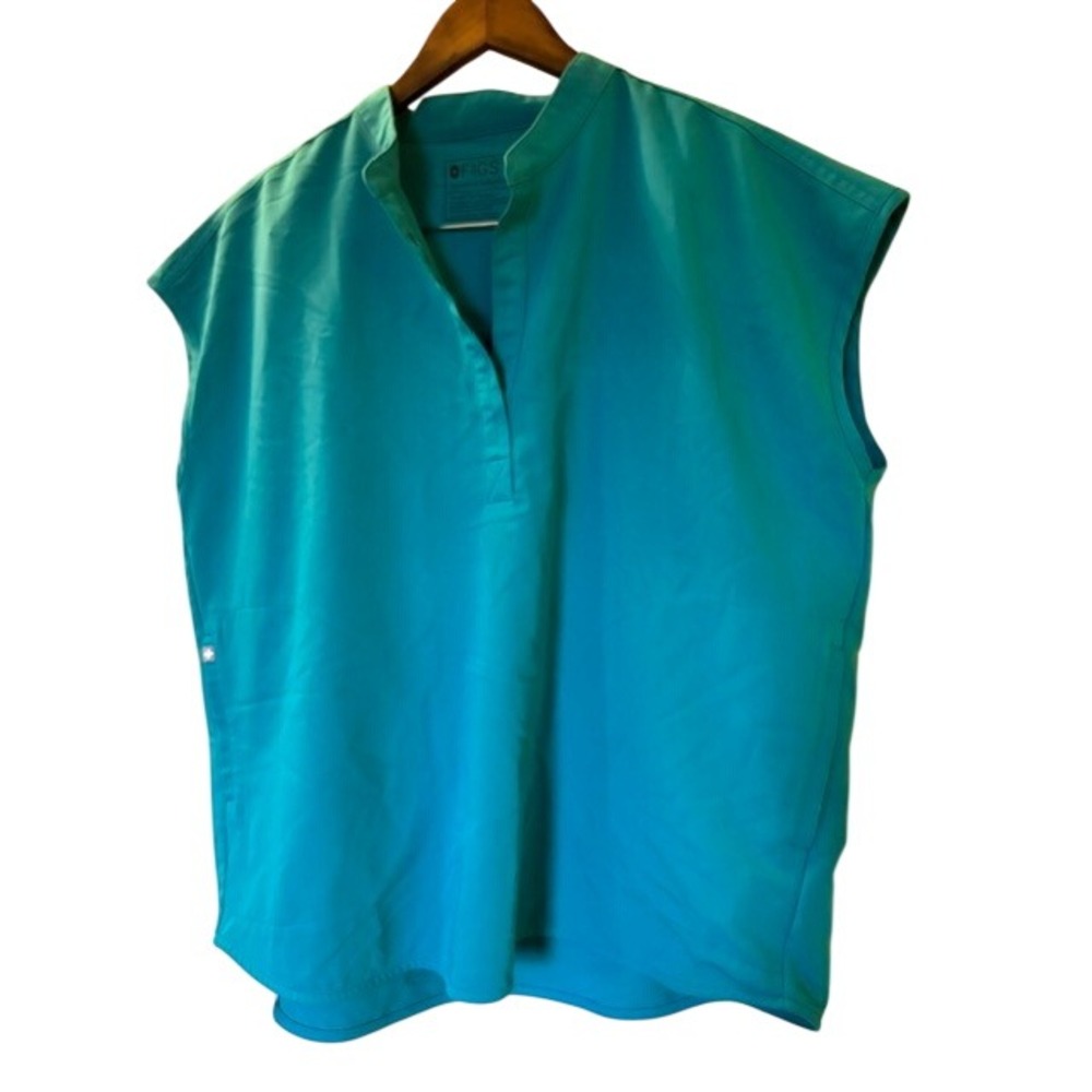 Figs Technical Scrub Top Teal Mandarin Collar Large PO1773